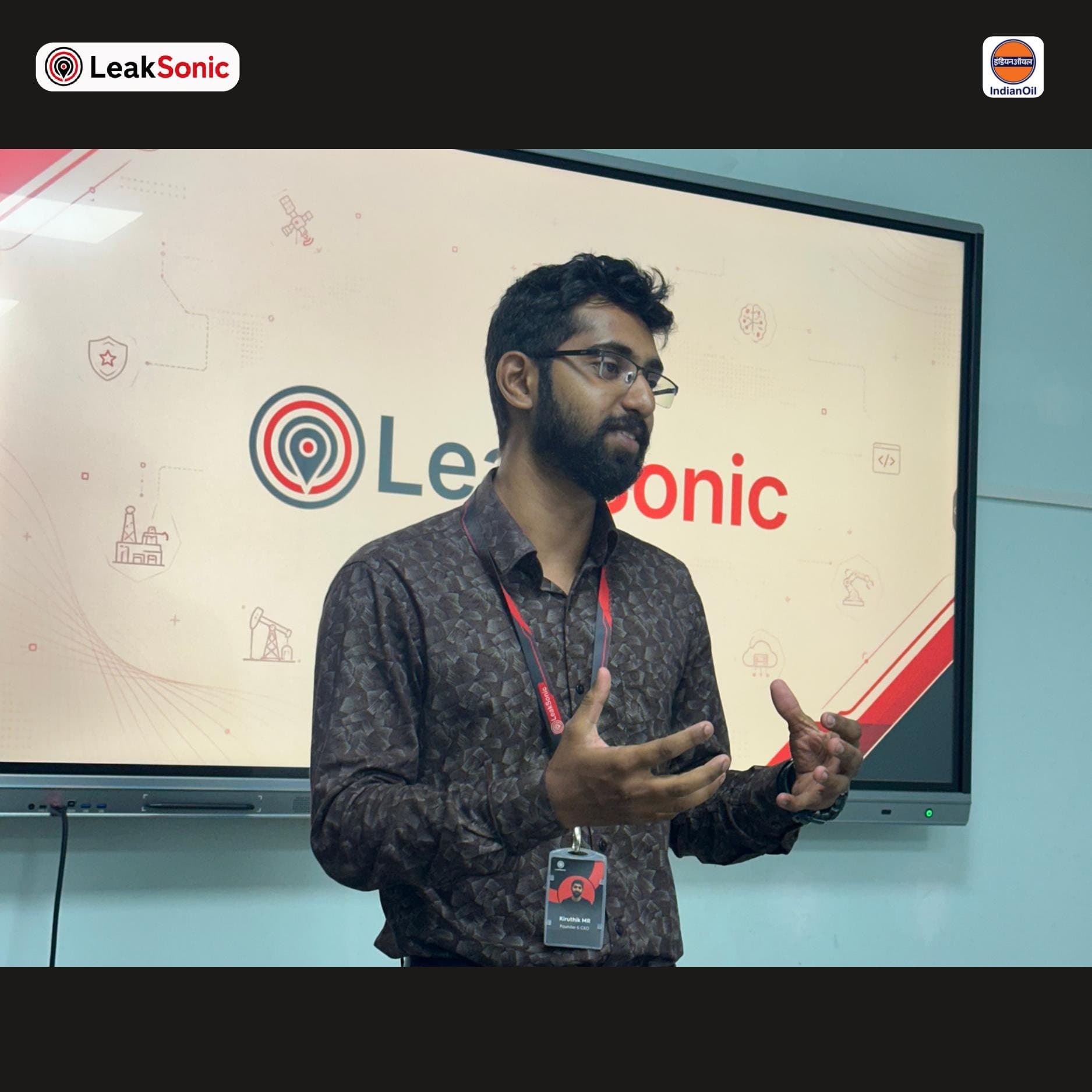 Kiruthik M R, Founder & CEO of LeakSonic, presenting Sentrix at Indian Oil Corporation's Southern Regional Pipeline division in Ramanathapuram