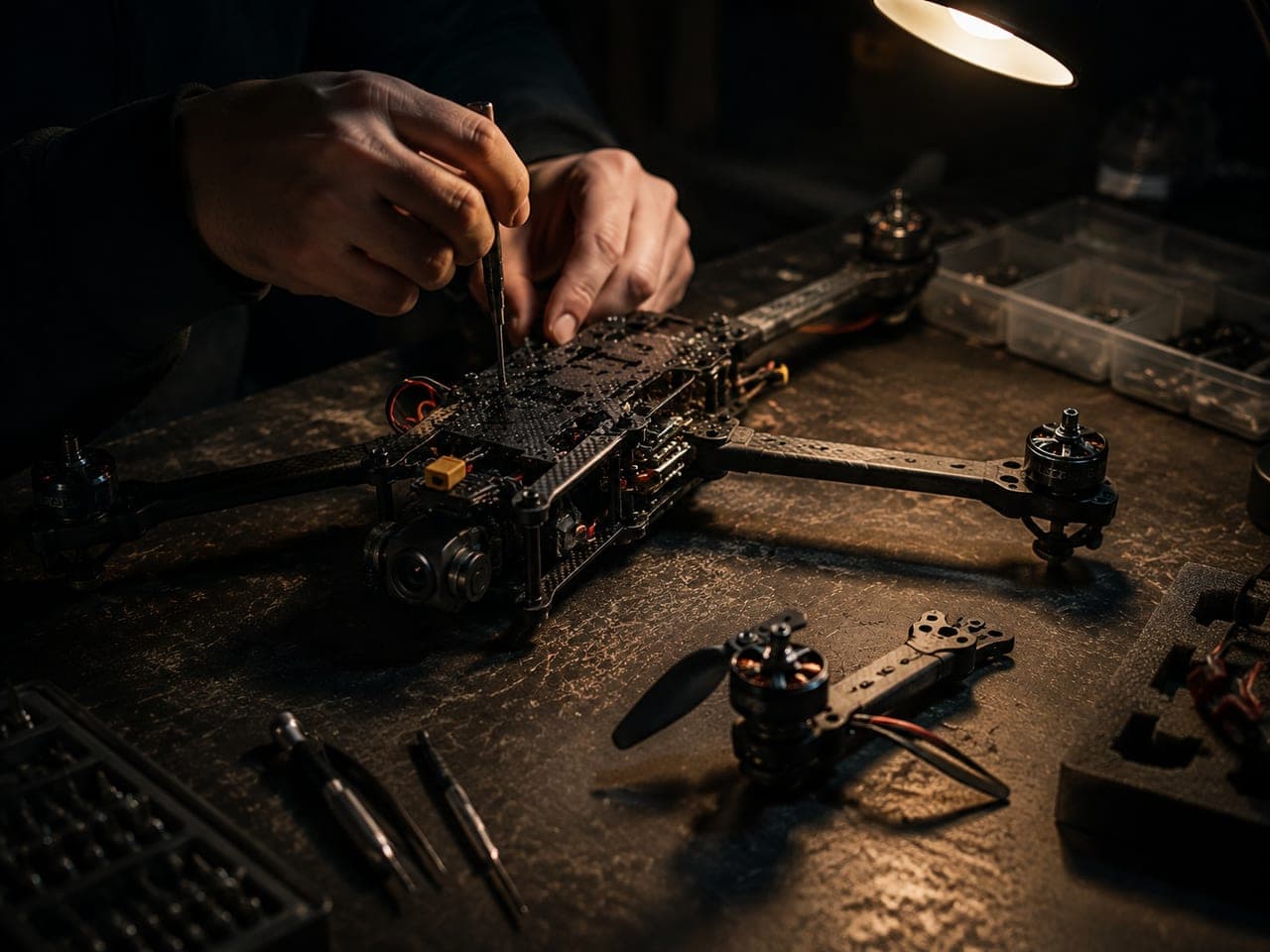 A partially disassembled drone frame on a workshop bench, lit by a single work lamp