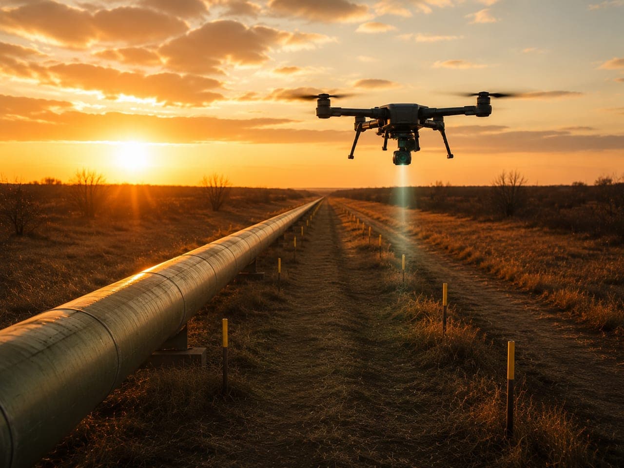 A Sentrix drone in active flight, low over the same pipeline right-of-way, at golden hour