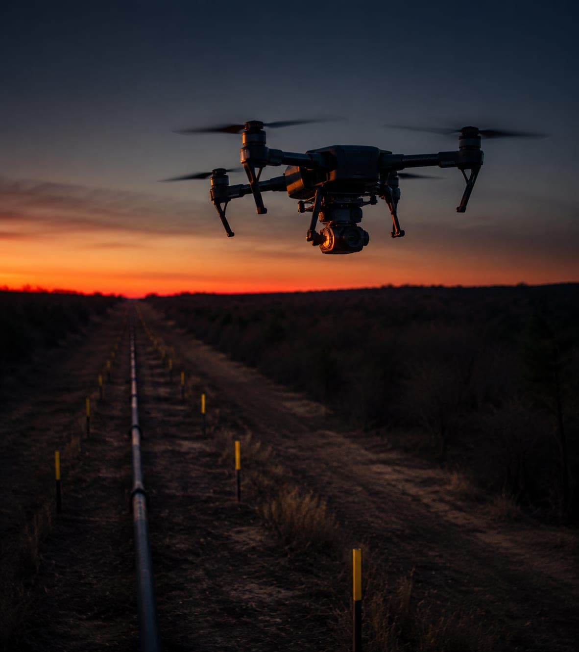A Sentrix inspection drone flying low over a gas pipeline right-of-way corridor at dusk