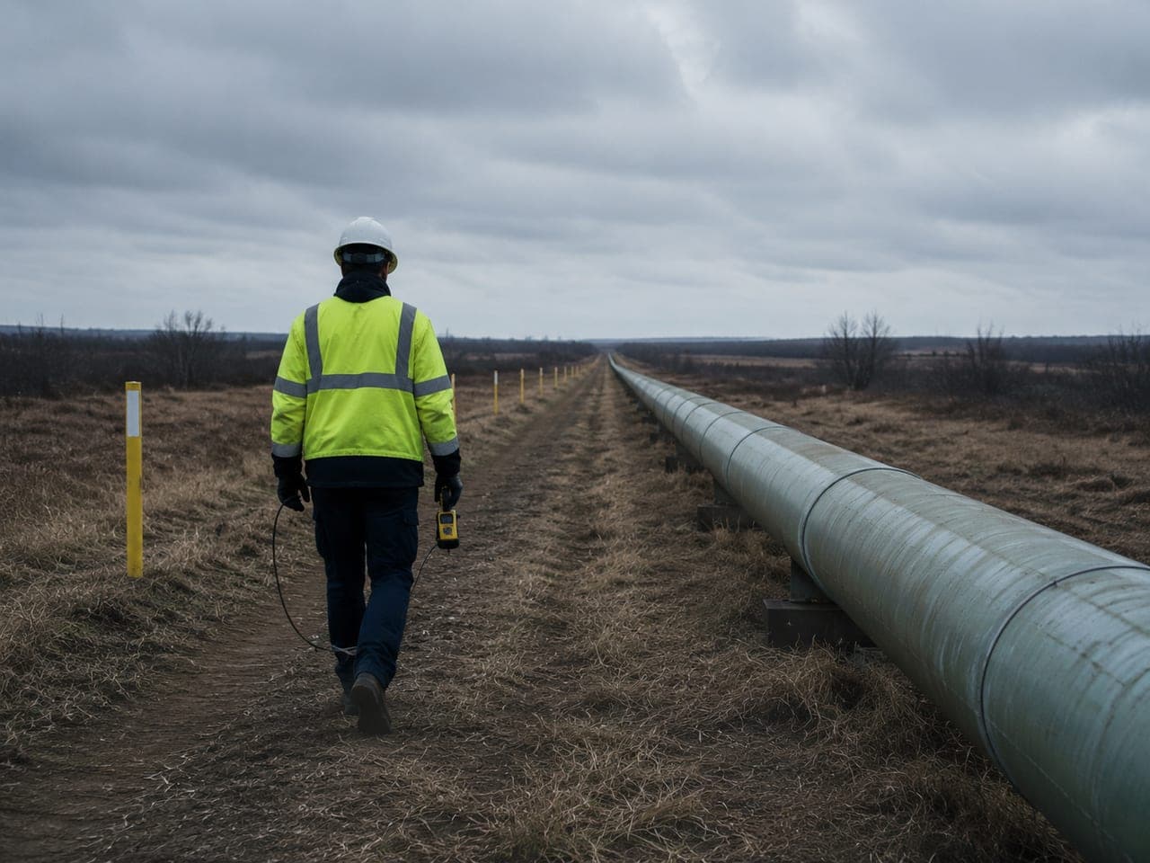A technician on foot, walking a pipeline right-of-way with a handheld gas detector