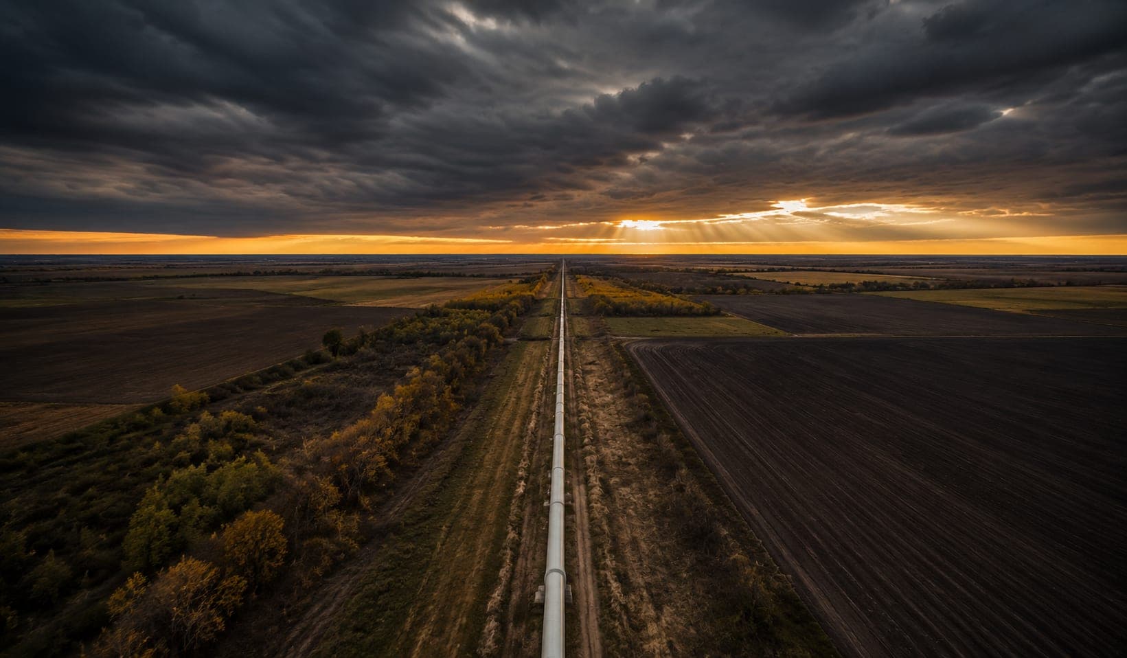 An aerial view of a gas pipeline right-of-way corridor crossing open terrain