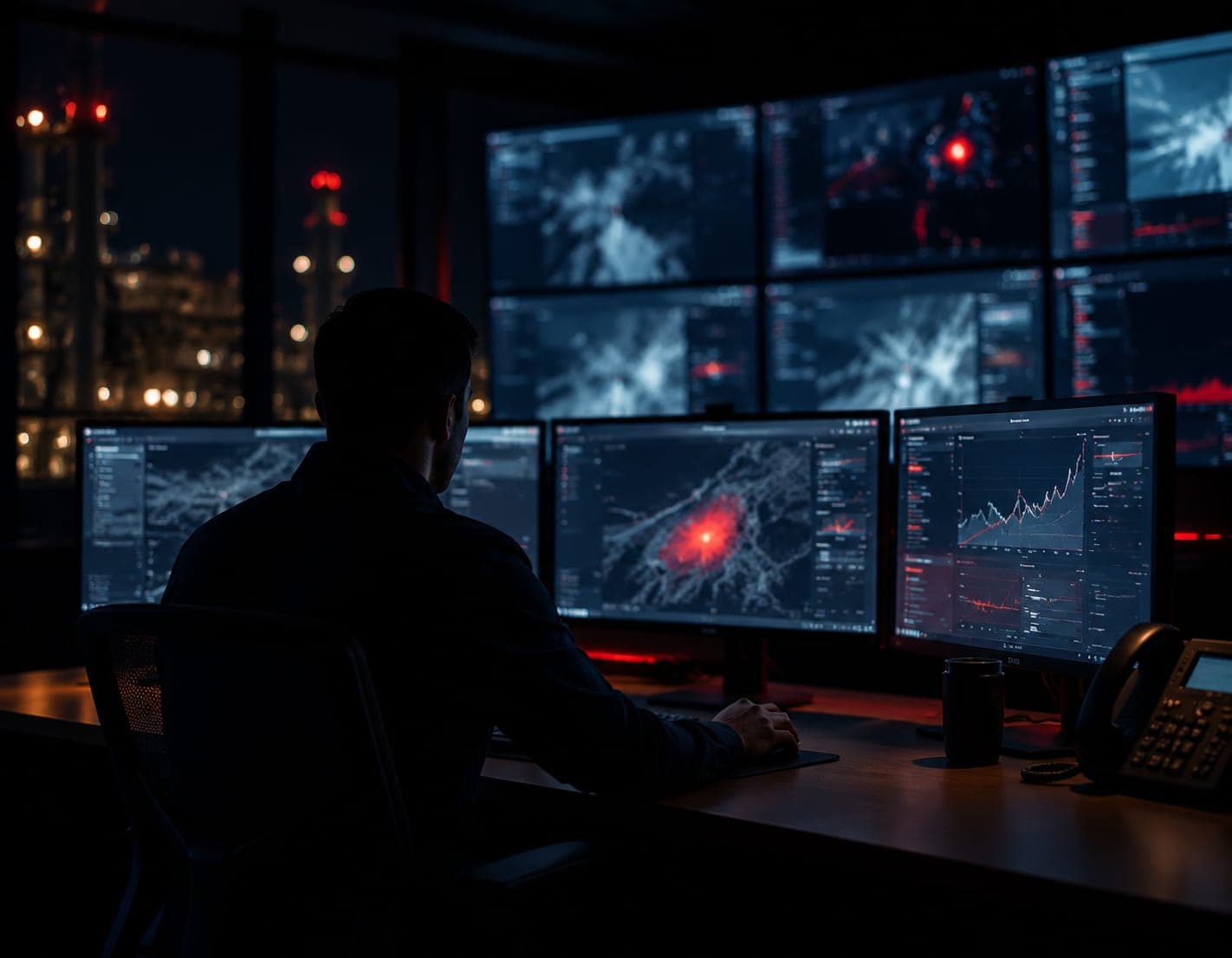 An engineer at a multi-monitor desk reviewing inspection evidence at night