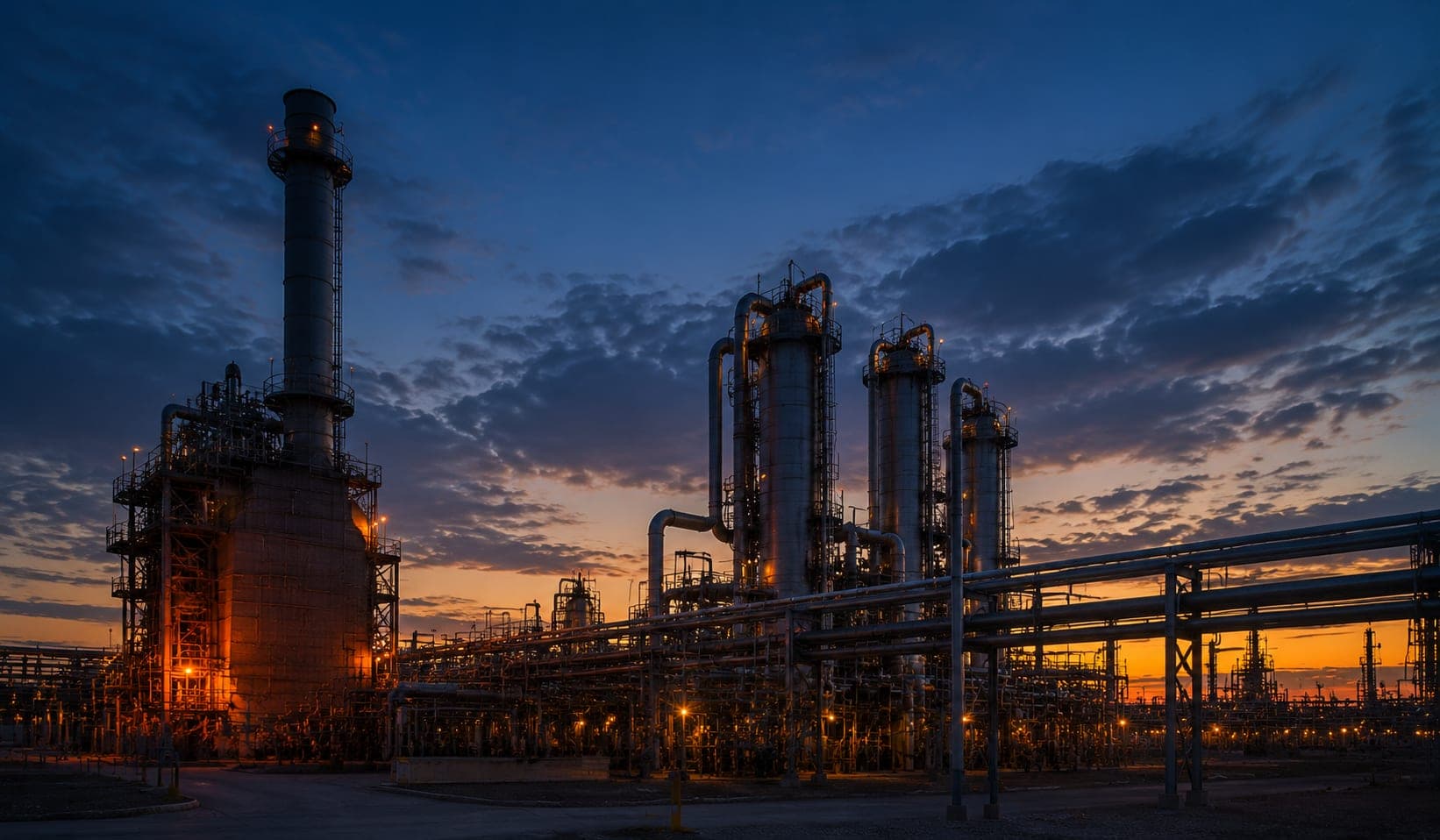 An industrial refinery skyline with process towers and piping at dusk