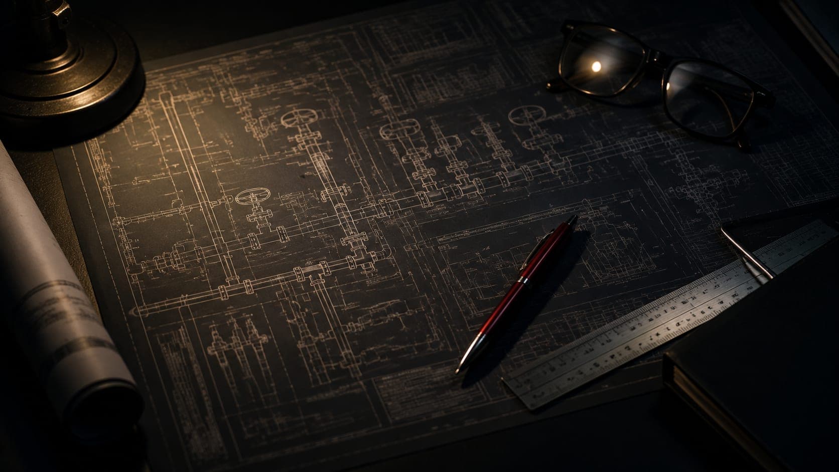 An engineering blueprint and compliance documents laid out on a desk