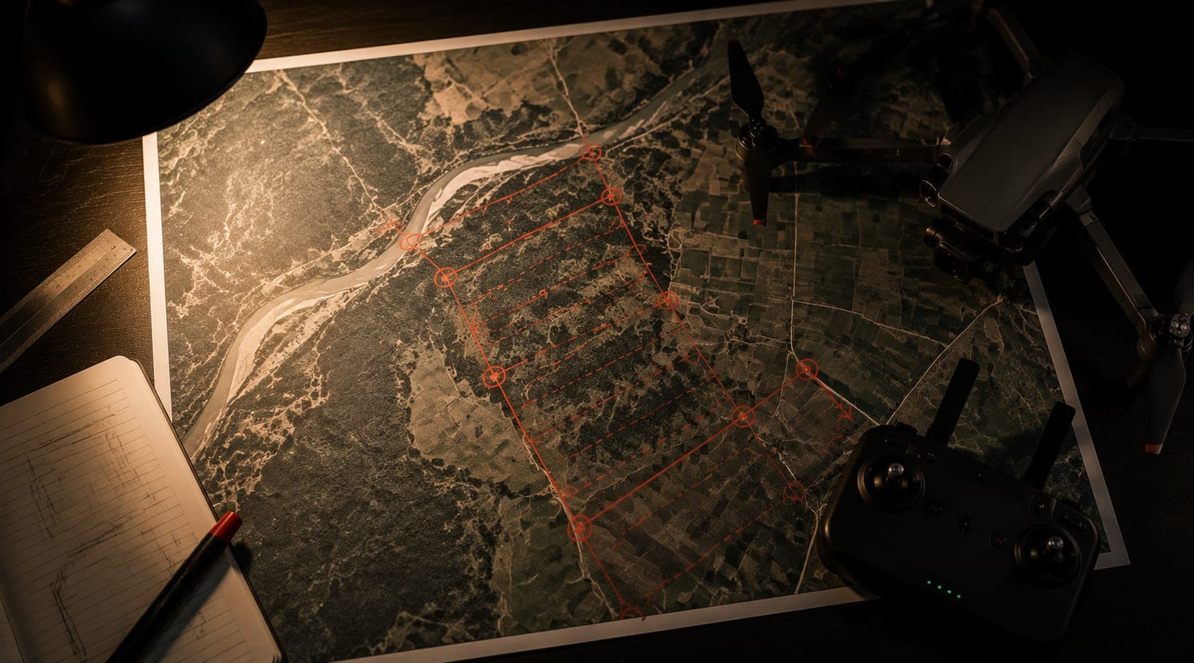 A drone operator planning a flight route on a tablet in the field