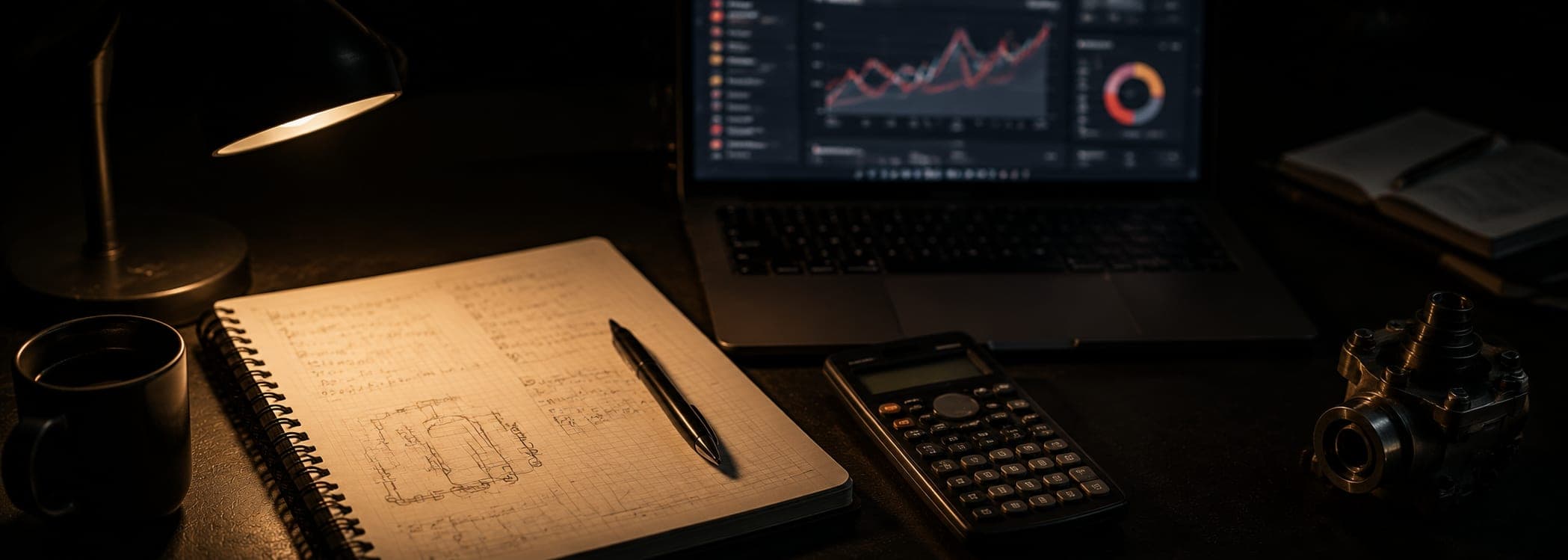 A close-up of an engineer sketching calculations on paper beside a laptop
