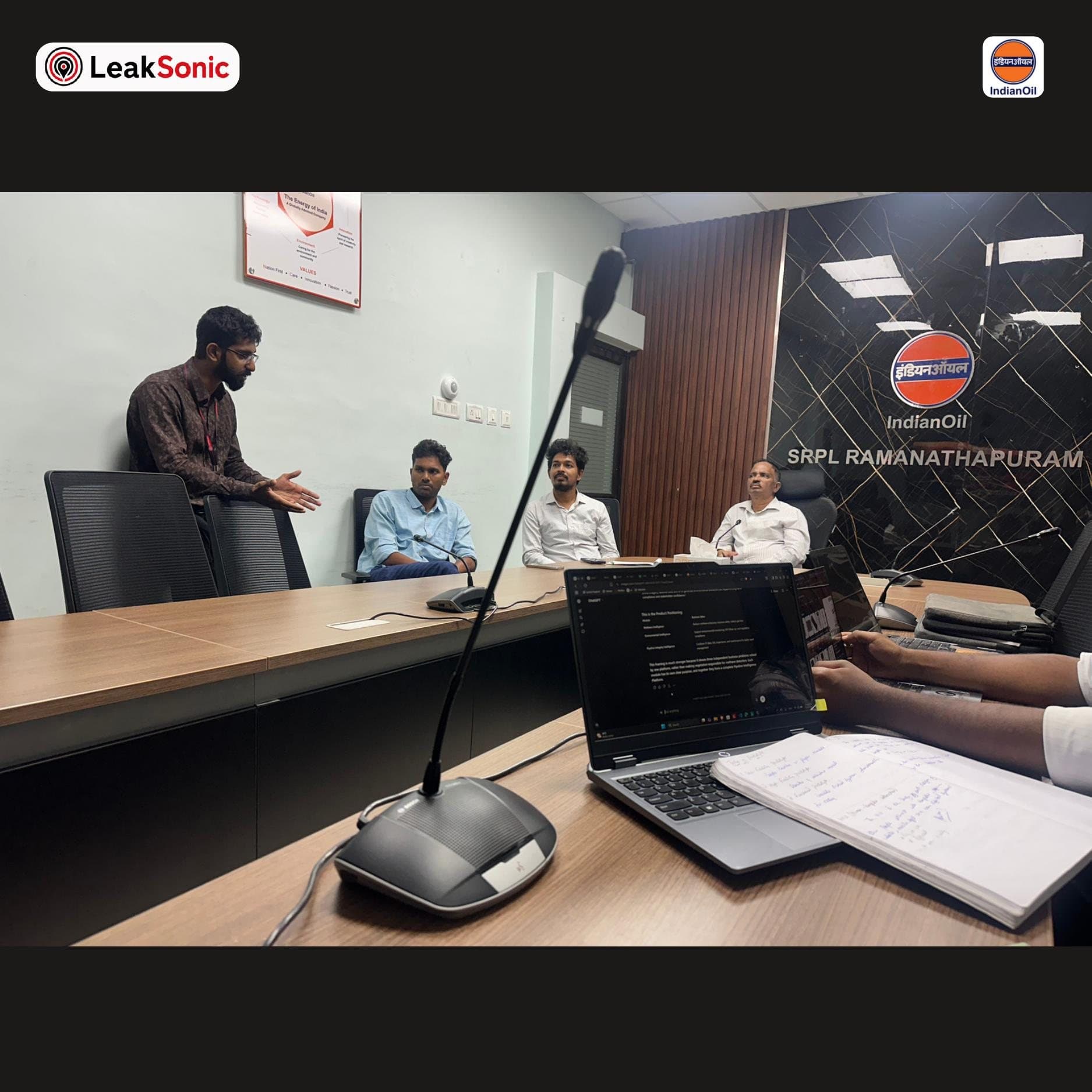 The LeakSonic team in discussion with IOCL SRPL engineering leadership around the conference table at Ramanathapuram